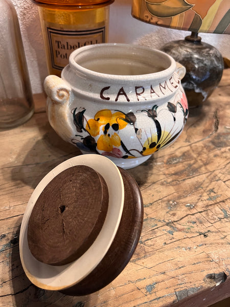 Pot vintage Caramel en faïence craquelée et couvercle bois