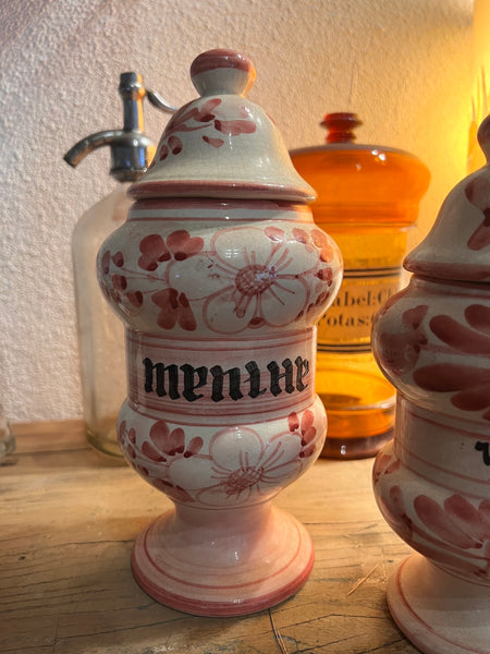 Lot de 3 pots roses vintages d'herboriste / apothicaire en céramique peinte à la main