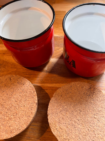 Pots vintages en métal émaillé rouge et noir Tea & Coffee avec couvercles en liège