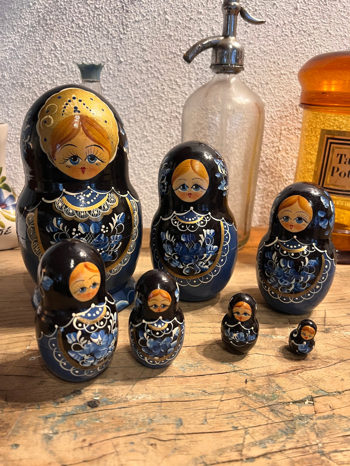 Matriochka / 7 poupées gigognes russes vintages bleues peintes à la main - Russie