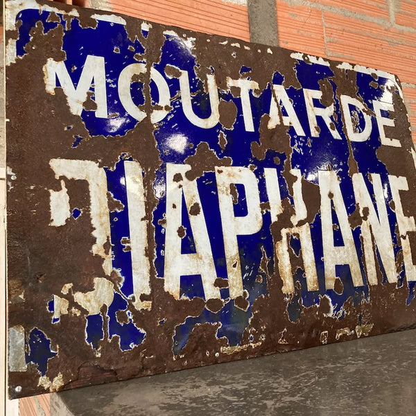 Plaque émaillée Moutarde Diaphane restaurée sur OSB