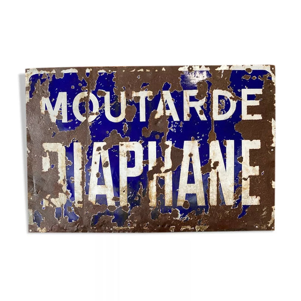 Plaque émaillée Moutarde Diaphane restaurée sur OSB